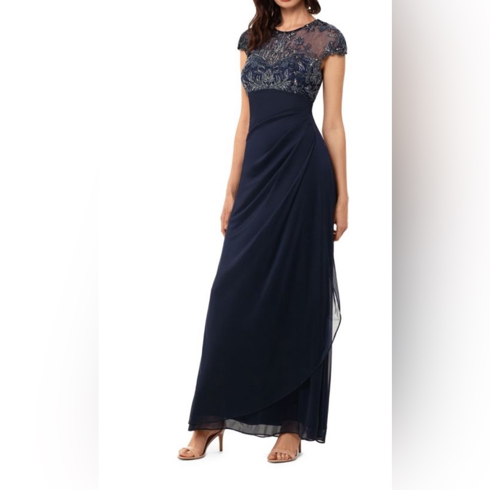XSCAPE
Sheer Illusion Beaded Gown Navy Blue Size 8 NWT